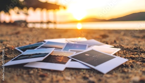Polaroid photos on beach sand at sunset