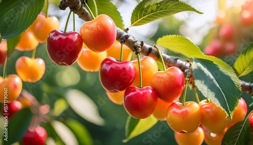 cluster of ripening rainier cherries hanging on a tree branch in a vibrant fruit orchard poised for a sweet summer harvest