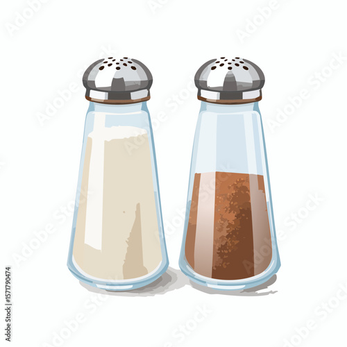 Salt and pepper shakers – Classic glass shakers with metal lids and visible grains inside.

