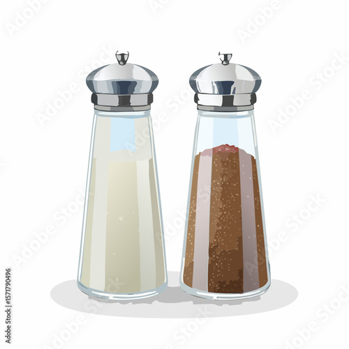 Salt and pepper shakers – Classic glass shakers with metal lids and visible grains inside.

