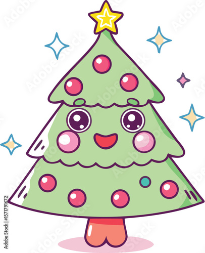 Cute kawaii Christmas tree cartoon character. Happy festive tree with smiling face and star. Vector holiday illustration.
