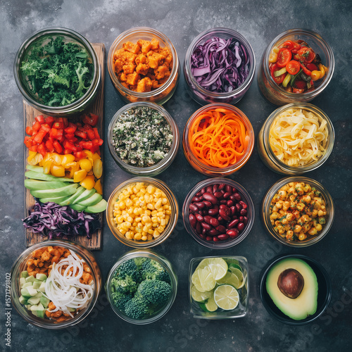 Colorful plant-based meal-prep flat lay