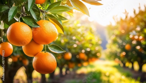 ripe oranges hanging from tree branch in sunlit citrus grove ready for picking
