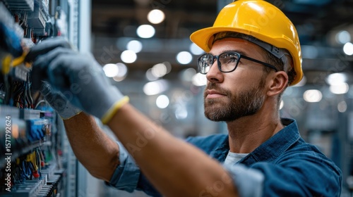 Electrician in hard hat and gloves working intently on a complex electrical panel in an industrial setting; ideal for technology or safety concepts.