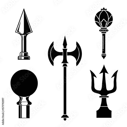 Vector icon set of 5 Historic classic flagpole finials — spearhead, trident, halberd, ball, scepter, vector isolated icons