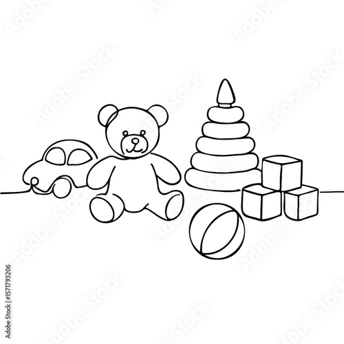 Plastic toys including teddy bear, blocks, and stacker on floor  