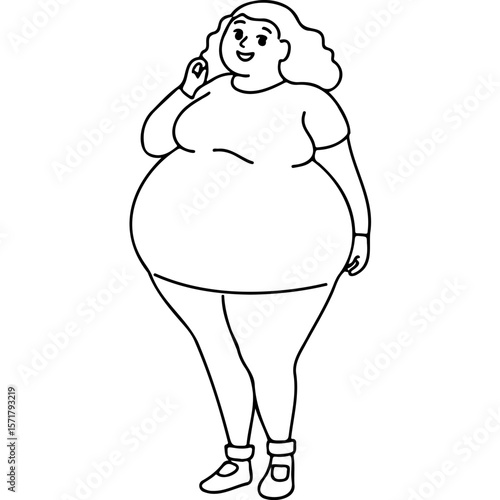 Plus size woman smiling and gesturing with finger on chin  