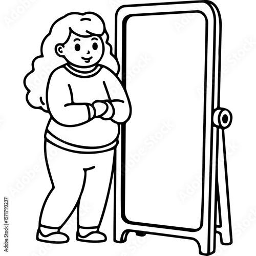Plus size woman smiling while standing by a mirror in a room  
