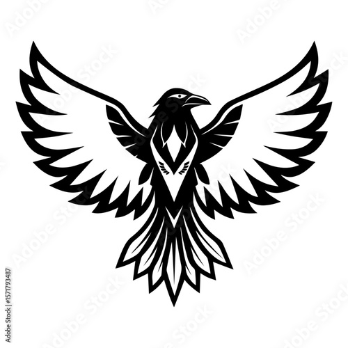 Raven Bird Logo with Spread Wings, Tribal Tattoo Vector Illustration