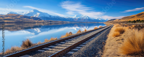 Railway tracks by a lake reflecting snow capped mountains under a partly cloudy blue sky landscape