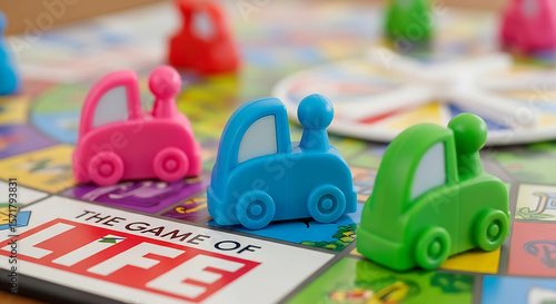 A closeup shot of the game of life board with colorful toy cars, representing childhood memories and family fun