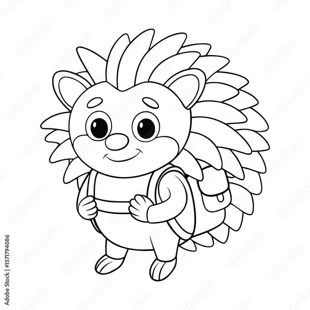 Fototapeta premium A hedgehog with a small backpack for kids coloring book vector illustration.