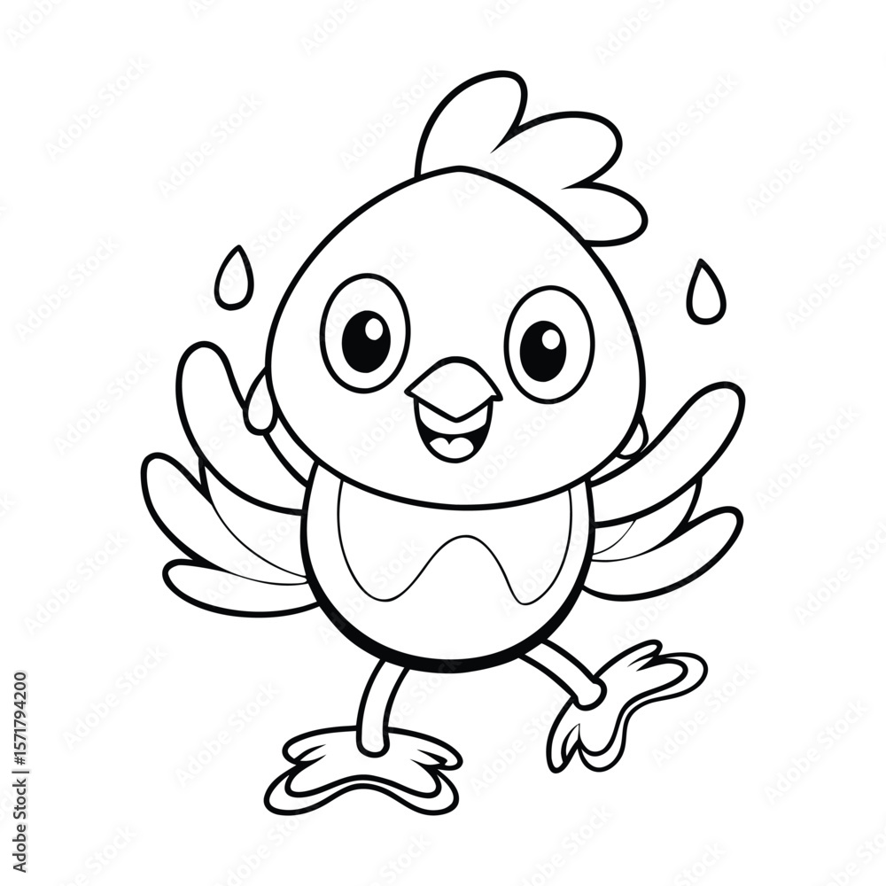 Obraz premium A little chick dancing in a puddle for kids coloring book vector illustration.