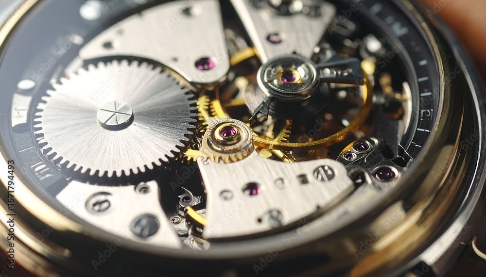 Fototapeta premium Close-up view of watch movement, gears, and components