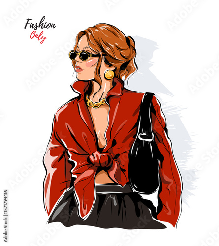 Hand drawn beautiful fashion woman in sunglasses. Stylish woman in red shirt. Fashion lady. Vector illustration 
