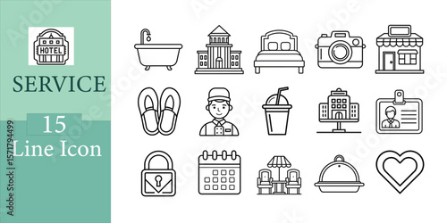 Collection of hotel service line icons isolated on white background