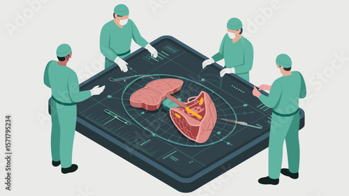 surgical team planning an operation using a holographic organ display, isometric vector illustration for advanced surgical navigation, medical simulation and healthcare technology
