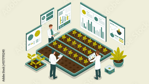agricultural scientists researching cannabis plants in a modern laboratory, isometric vector illustration for agricultural technology, crop science and smart farming