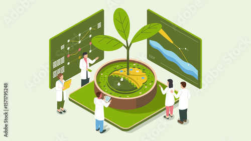 botanists studying plant growth in a futuristic lab with data screens, isometric vector illustration for botany, photosynthesis simulation and agricultural biotechnology