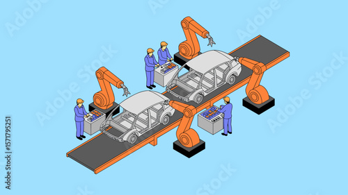 robotic arms and factory workers on an automotive assembly line, isometric vector illustration for automated car manufacturing, industrial robotics and mass production