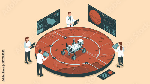 scientists and engineers testing mars rover in a simulation lab, isometric vector illustration for astrophysics, mission planning and space exploration