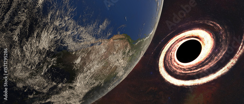 Fototapeta Naklejka Na Ścianę i Meble -  Planet Earth floats in the foreground, rich with atmospheric detail, while a radiant black hole looms nearby. Elements of this 3D rendered illustration were furnished by NASA.
