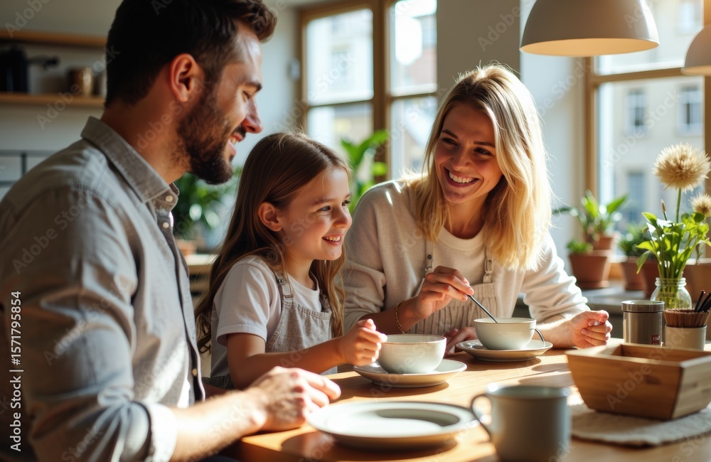 A family enjoying breakfast together at a cozy kitchen table with natural light and fresh flowers A family enjoying breakfast together at a cozy kitchen table with natural light and fresh flowers