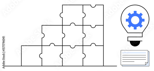 Pyramid of puzzle pieces representing teamwork beneath a gearlight bulb symbolizing ideas and innovation, paired with a document node. Ideal for problem-solving, creativity, planning, strategy