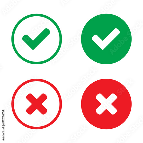 Right or wrong icons. Green tick and red cross checkmarks in circle flat icons. Yes or no symbol, approved or rejected icon for user interface.