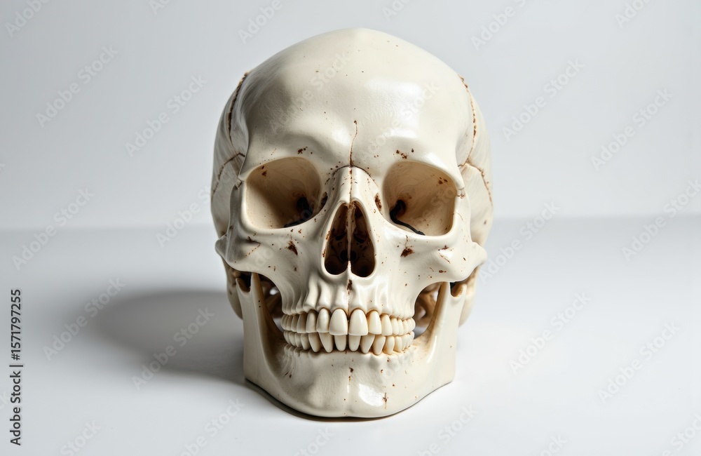 Fototapeta premium A realistic human skull model displayed on a plain white surface