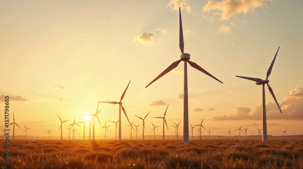 Obraz premium Golden Hour Wind Farm: Harnessing Renewable Energy at Sunset
