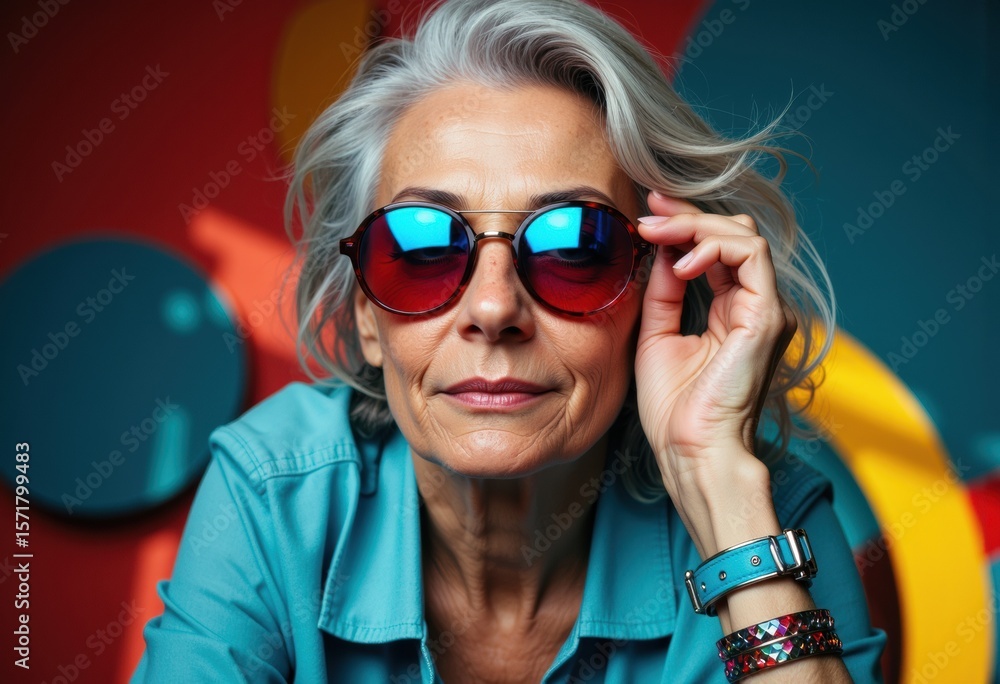 Stylish older woman wearing sunglasses poses confidently against a colorful background Stylish older woman wearing sunglasses poses confidently against a colorful background