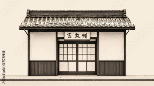 Traditional Japanese storefront with a tiled roof, wooden panels, and sliding shoji doors, showcasing minimalist architectural design.