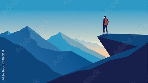 Lone Hiker on Mountain Ridge – A hiker standing alone on a narrow ridge and looking at the vastness.