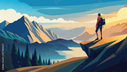 Lone Hiker on Mountain Ridge – A hiker standing alone on a narrow ridge and looking at the vastness.