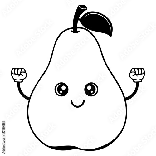 Kawaii Pear Character Flexing Muscles, Strong Fruit Mascot Coloring Page Illustration