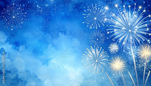 深い青の和紙に繊細な銀の粒子がきらめき、右下にやさしく咲く水彩花火が夜の静寂を彩るデザイン背景

