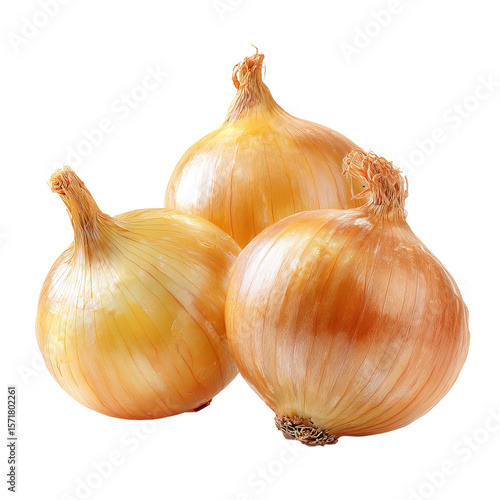Close-up shot of three fresh, ripe onions with golden-brown skins. They're ready to be used in delicious recipes