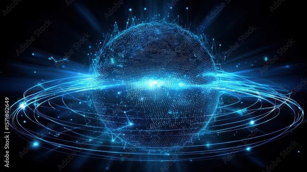 Abstract visualization of a luminous digital sphere surrounded by orbiting energy rings, radiating technological prowess Abstract visualization of a luminous digital sphere surrounded by orbiting energy rings, radiating technological prowess