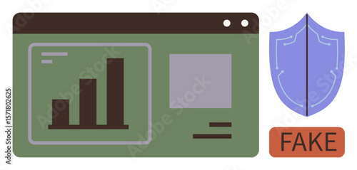 Browser window with data graph and fake alert shield highlights deception risk. Ideal for cybersecurity, digital fraud, online safety, data protection, misinformation, scam prevention, simple flat