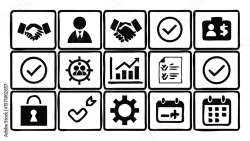 black and white icon set for , finance, and communication

