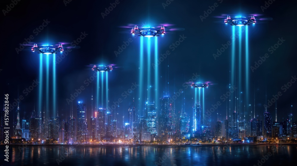 Obraz premium Futuristic city with flying drones emitting bright blue light beams over the skyline at night