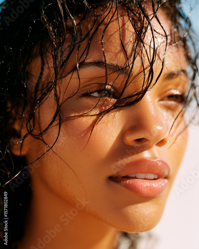 A close-up portrait of a Black woman with wet hair, in the sun. She has natural makeup and glossy lips