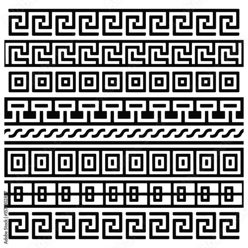 Black Greek key meander patterns and geometric borders