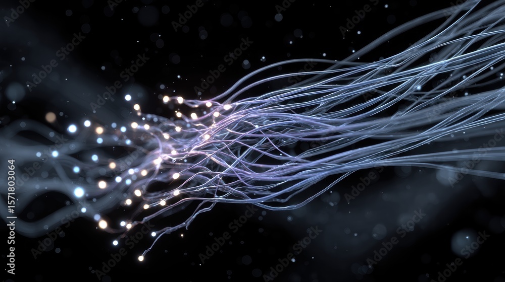 Fototapeta premium Abstract lines and glowing particles against a dark background create a sense of movement and energy. The soft, ethereal lines and points of light suggest connection, data transfer.