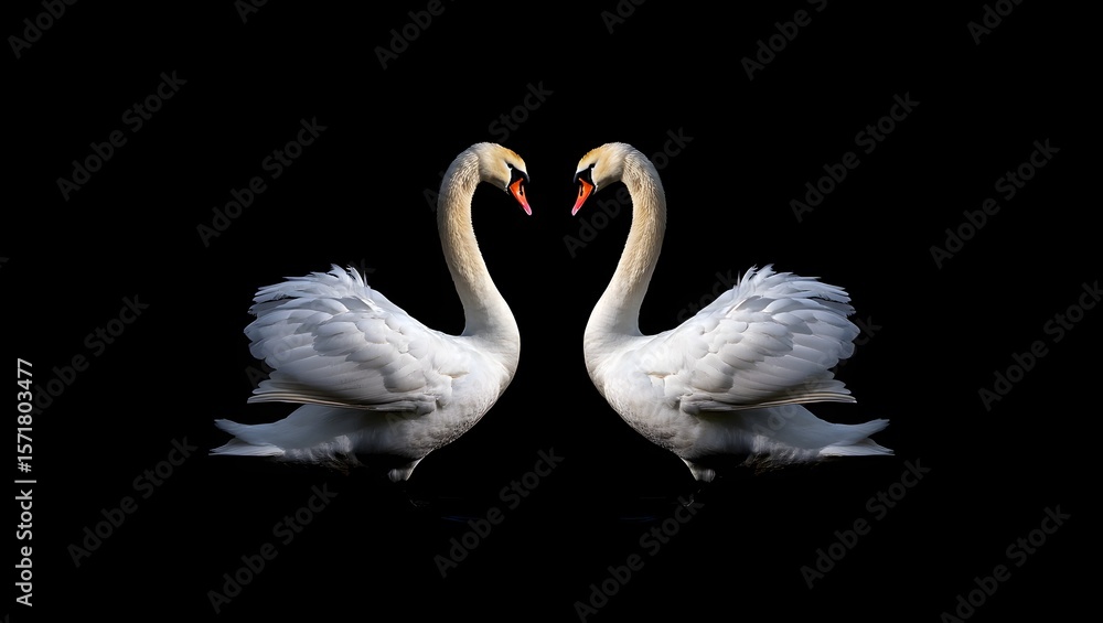 Fototapeta premium Two white swans forming a heart shape on black background love and romance concept art