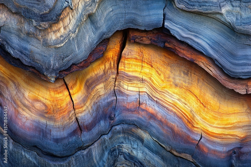 Naklejka premium Colorful, layered tree trunk detail showing distinct growth rings and natural fractures creating abstract wood art.
