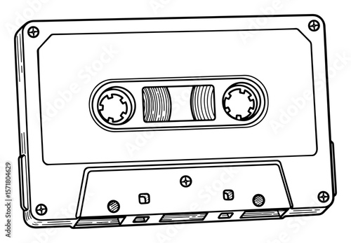 Detailed Black and White Line Art Illustration of a Compact Cassette Tape