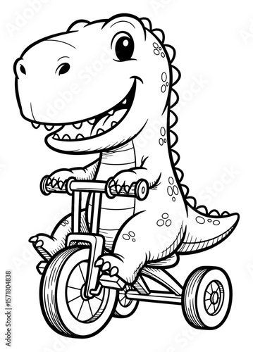 Cartoon Tyrannosaurus Rex Riding a Tricycle   Black and White Illustration