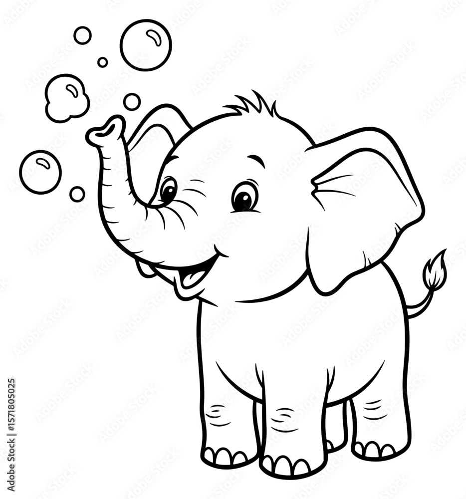 Obraz premium Cartoon Elephant Blowing Bubbles, Outlined Illustration